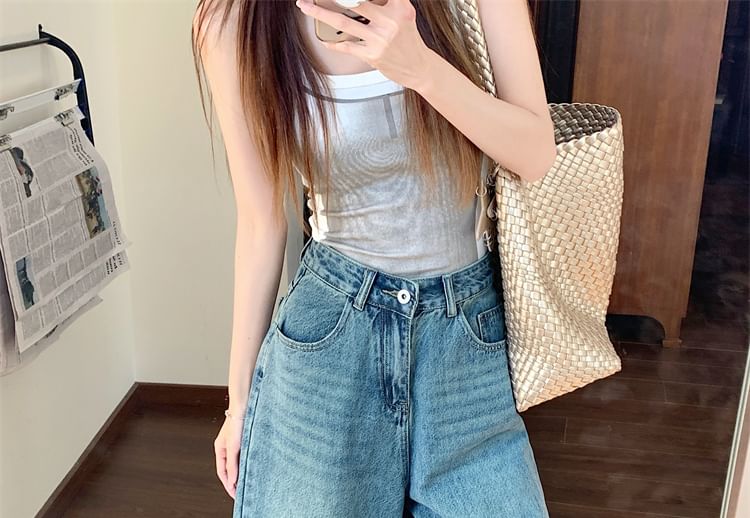 Jeans High Wide Rise Leg Washed Capri