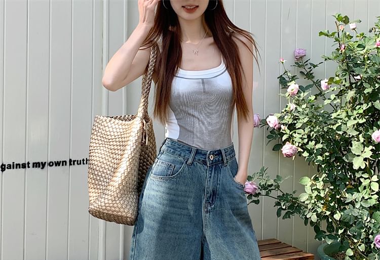 Jeans High Wide Rise Leg Washed Capri