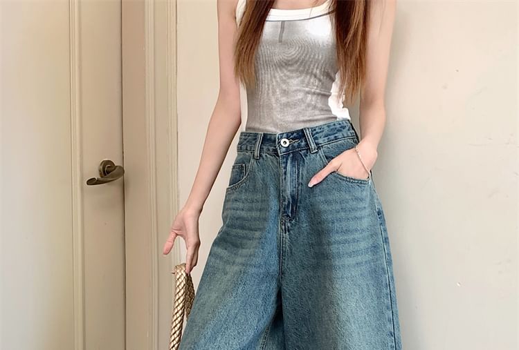 Jeans High Wide Rise Leg Washed Capri