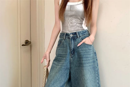 Jeans High Wide Rise Leg Washed Capri
