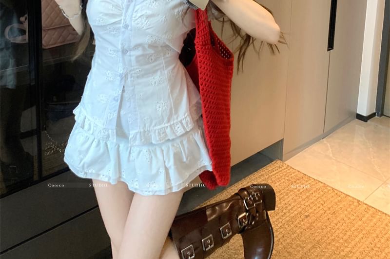 Skirt V-Neck Slim Trim Jacquard Mini Ruffle Short-Sleeve Fit Rise A-Line / Blouse High