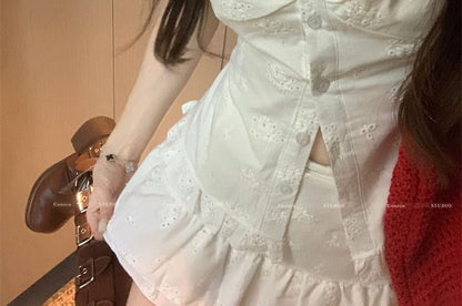 Skirt V-Neck Slim Trim Jacquard Mini Ruffle Short-Sleeve Fit Rise A-Line / Blouse High