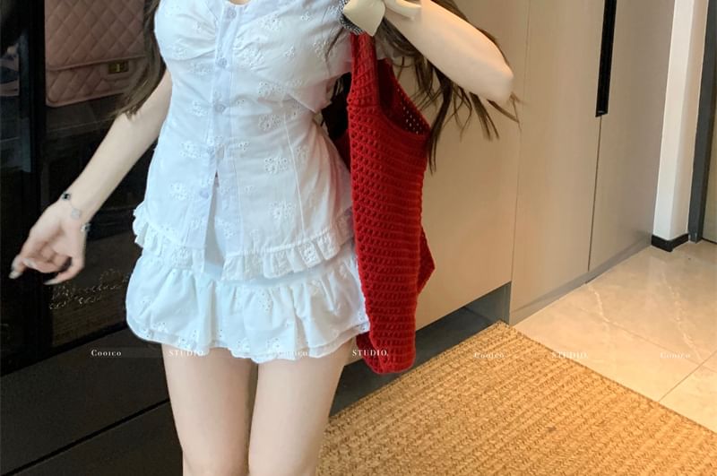 Skirt V-Neck Slim Trim Jacquard Mini Ruffle Short-Sleeve Fit Rise A-Line / Blouse High