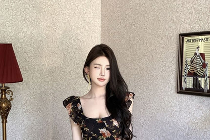 Sheath Dress Neck Trim Maxi Ruffle Scoop Cap-Sleeve Floral