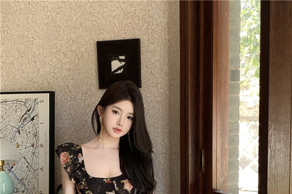 Sheath Dress Neck Trim Maxi Ruffle Scoop Cap-Sleeve Floral