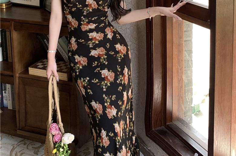 Sheath Dress Neck Trim Maxi Ruffle Scoop Cap-Sleeve Floral