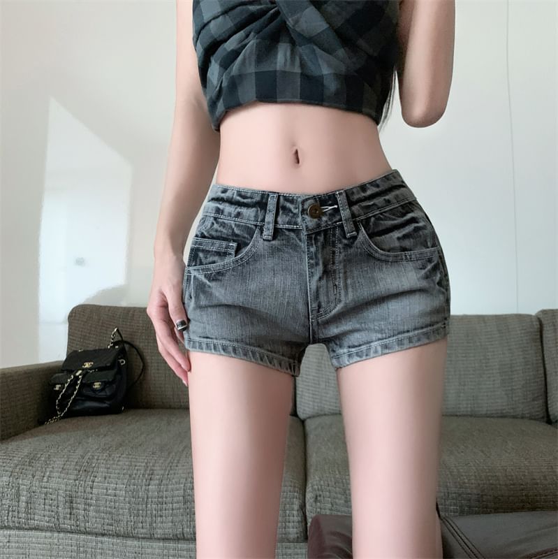Mid Rise Washed Denim Shorts
