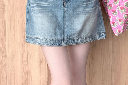 Washed High Waist Denim Skirt A-Line Mini