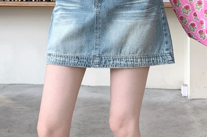 Washed High Waist Denim Skirt A-Line Mini