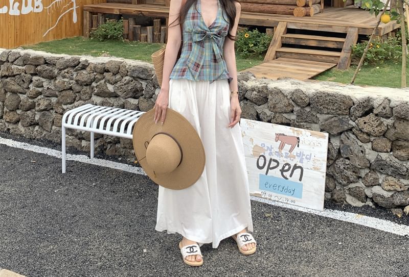 Peplum Plaid Waist Halter / Top Bow Culottes Plain High Tank