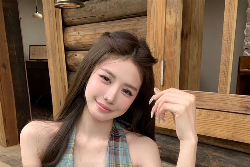 Peplum Plaid Waist Halter / Top Bow Culottes Plain High Tank