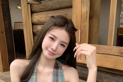 Peplum Plaid Waist Halter / Top Bow Culottes Plain High Tank