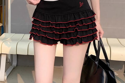 Tee Off-Shoulder Waist Dotted Slim Skort Fit Tiered High / Cap-Sleeve Lettering