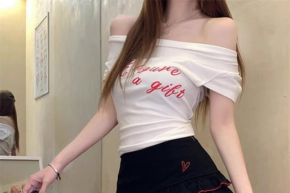 Tee Off-Shoulder Waist Dotted Slim Skort Fit Tiered High / Cap-Sleeve Lettering