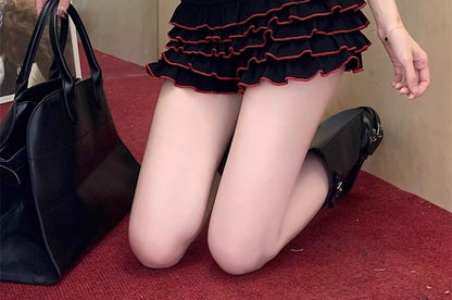 Tee Off-Shoulder Waist Dotted Slim Skort Fit Tiered High / Cap-Sleeve Lettering