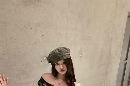 Fit Asymmetrical Print Off-Shoulder Tee Ruffle Camo Cap-Sleeve Slim Trim