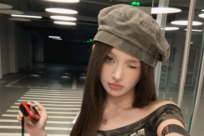 Fit Asymmetrical Print Off-Shoulder Tee Ruffle Camo Cap-Sleeve Slim Trim