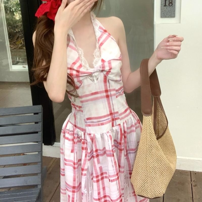 Halter Lace Panel Midi A-Line Dress Plaid Open Back
