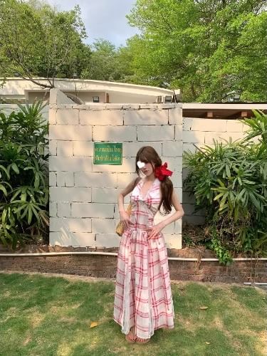 Halter Lace Panel Midi A-Line Dress Plaid Open Back