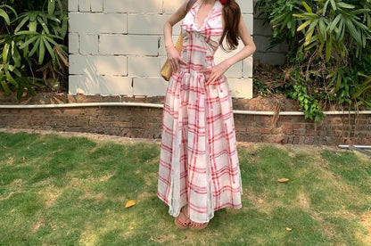 Halter Lace Panel Midi A-Line Dress Plaid Open Back