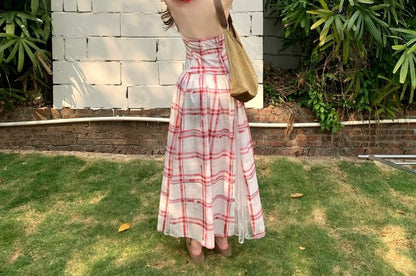 Halter Lace Panel Midi A-Line Dress Plaid Open Back