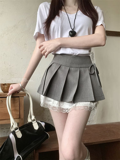 Lace Bow High Mini Pleated Skirt Waist Panel A-Line