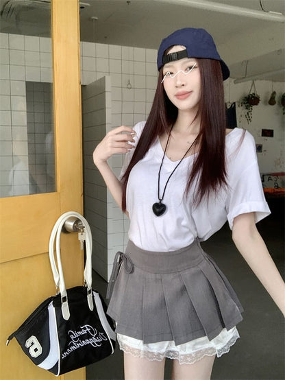 Lace Bow High Mini Pleated Skirt Waist Panel A-Line