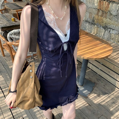 Lace Mini Dress Panel Bow Sleeveless A-Line V-Neck