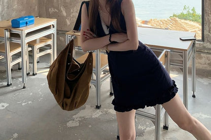 Lace Mini Dress Panel Bow Sleeveless A-Line V-Neck