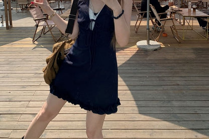 Lace Mini Dress Panel Bow Sleeveless A-Line V-Neck