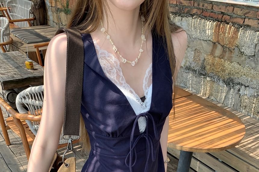 Lace Mini Dress Panel Bow Sleeveless A-Line V-Neck