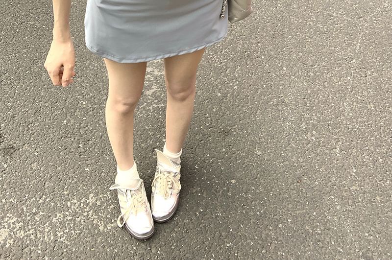 Waist + Skirt Plain A-Line Set: Neck Short-Sleeve Fit Slim Tee Zip Mini High Mock