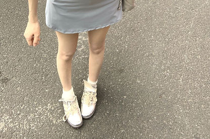 Waist + Skirt Plain A-Line Set: Neck Short-Sleeve Fit Slim Tee Zip Mini High Mock