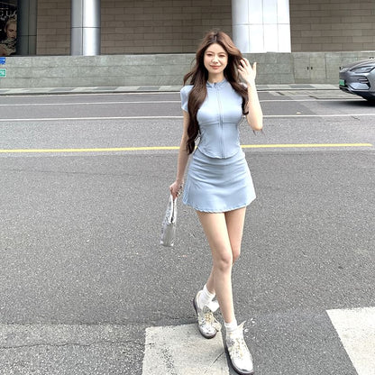 Waist + Skirt Plain A-Line Set: Neck Short-Sleeve Fit Slim Tee Zip Mini High Mock
