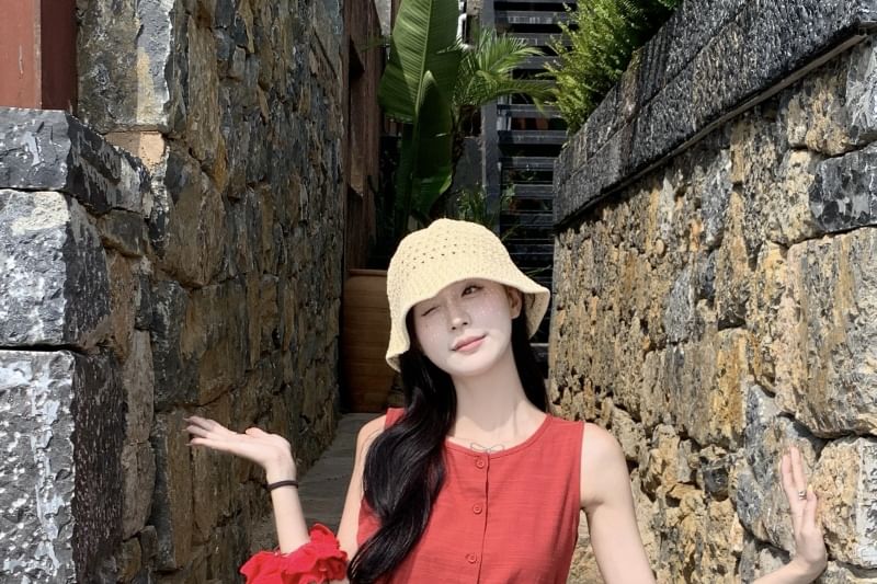 Mini Dress Plain Neck Round Sleeveless A-Line Button