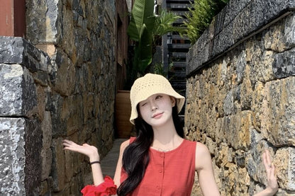 Mini Dress Plain Neck Round Sleeveless A-Line Button