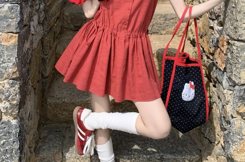 Mini Dress Plain Neck Round Sleeveless A-Line Button