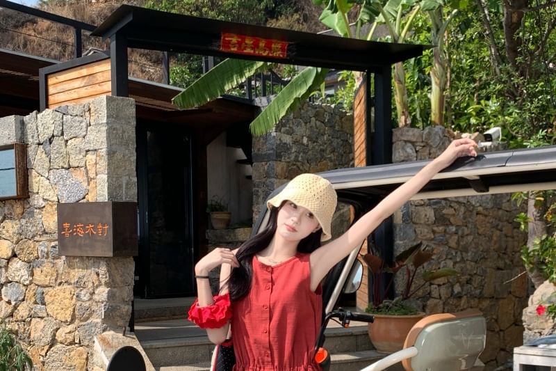 Mini Dress Plain Neck Round Sleeveless A-Line Button