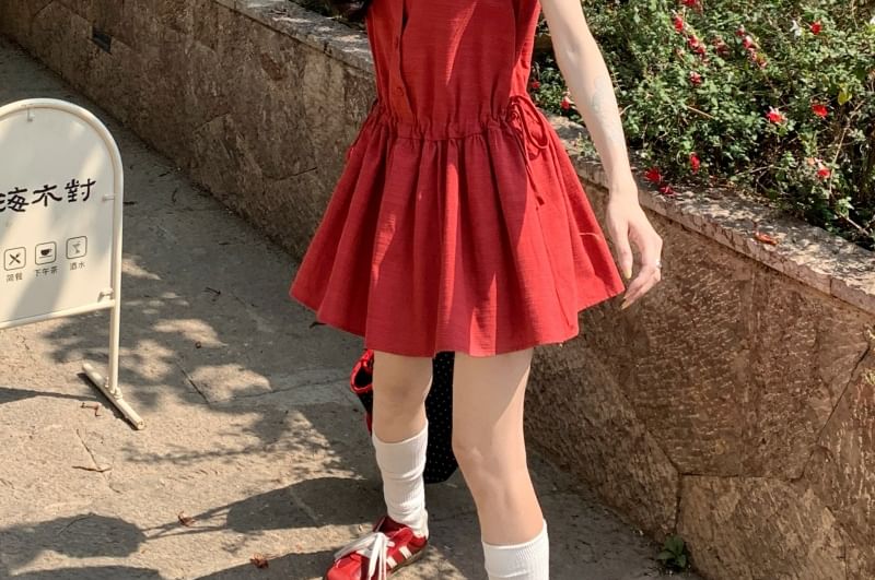 Mini Dress Plain Neck Round Sleeveless A-Line Button