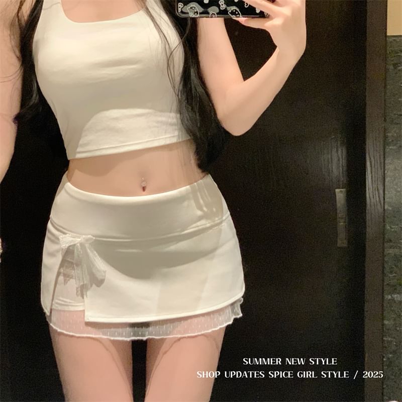 Waist Lace Panel Pencil Bow Skirt Mini Mid