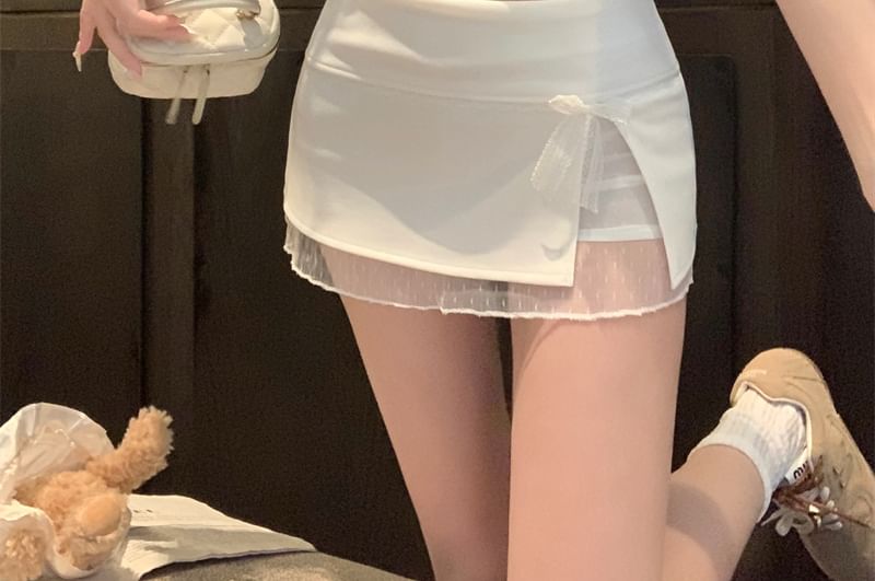 Waist Lace Panel Pencil Bow Skirt Mini Mid