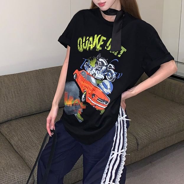 Round Bodycon / Spaghetti Short-Sleeve Strap Print Mini Tee Neck Graphic Dress