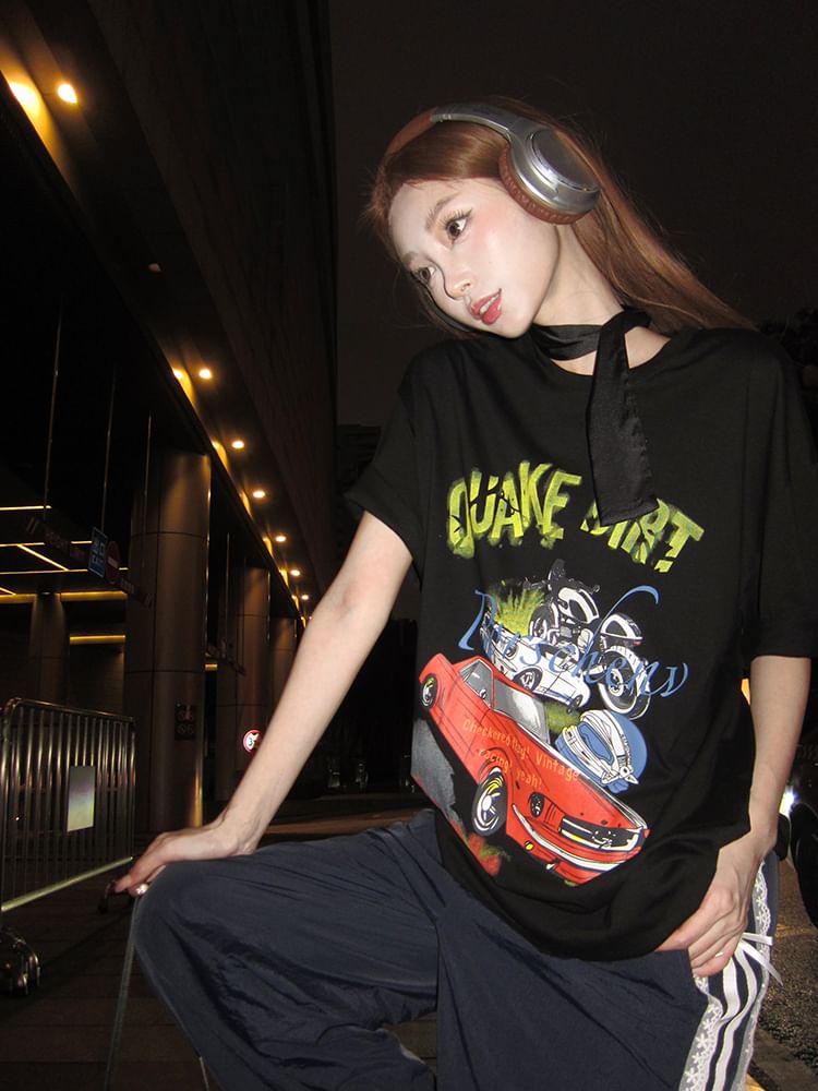 Round Bodycon / Spaghetti Short-Sleeve Strap Print Mini Tee Neck Graphic Dress