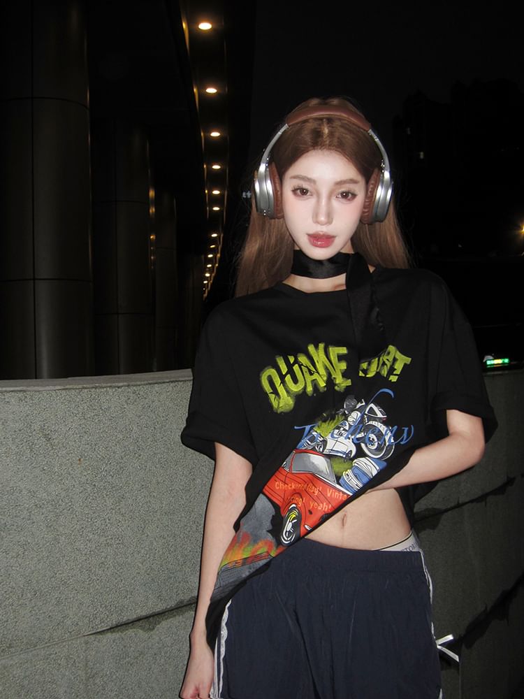 Round Bodycon / Spaghetti Short-Sleeve Strap Print Mini Tee Neck Graphic Dress