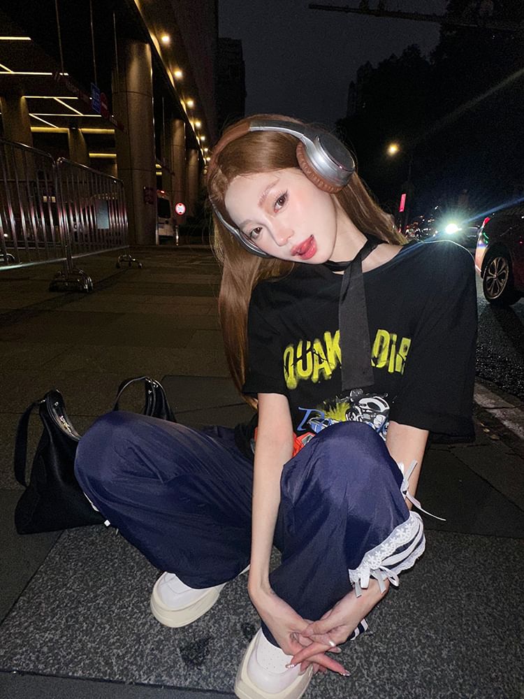 Round Bodycon / Spaghetti Short-Sleeve Strap Print Mini Tee Neck Graphic Dress