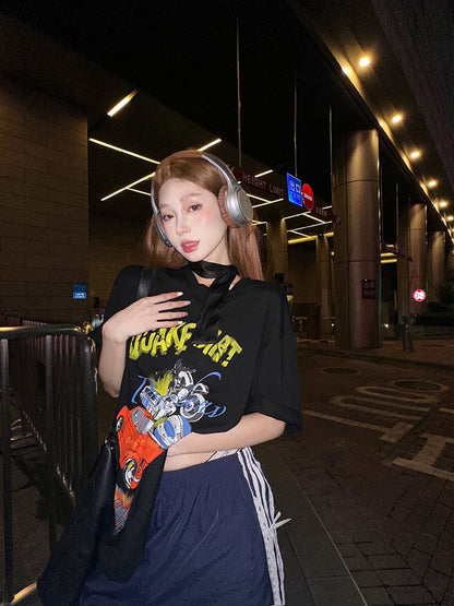 Round Bodycon / Spaghetti Short-Sleeve Strap Print Mini Tee Neck Graphic Dress