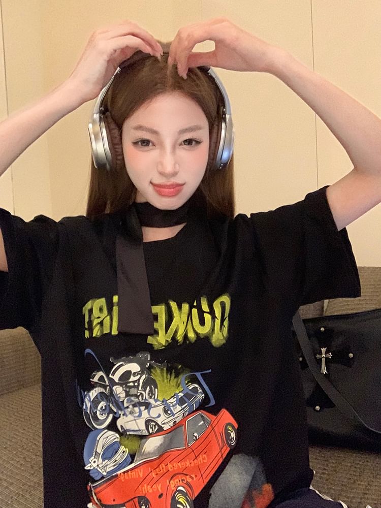 Round Bodycon / Spaghetti Short-Sleeve Strap Print Mini Tee Neck Graphic Dress