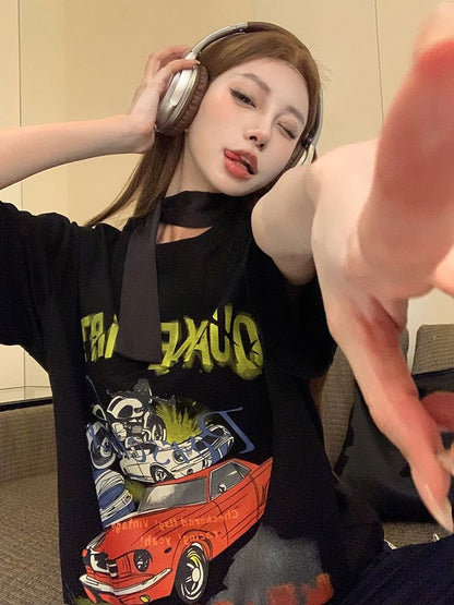 Round Bodycon / Spaghetti Short-Sleeve Strap Print Mini Tee Neck Graphic Dress