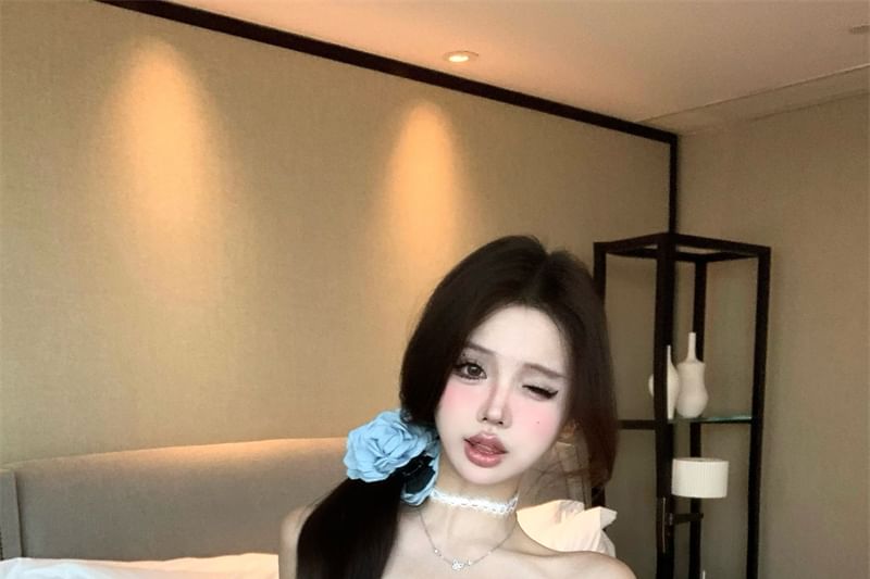 Plain Top Bow Slim Fit Puff-Sleeve Off-Shoulder