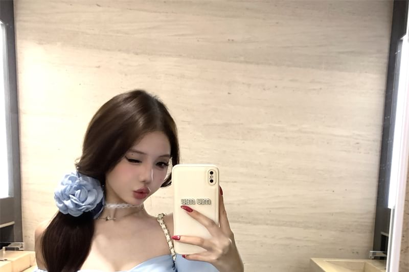 Plain Top Bow Slim Fit Puff-Sleeve Off-Shoulder